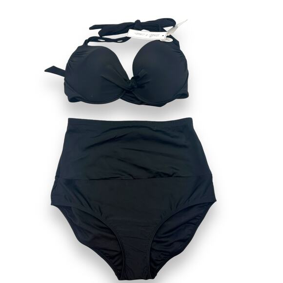 NEW Macys Black Bikini Set Size 10 Underwire Push Up High Waist Control Top Swim - Picture 1 of 12